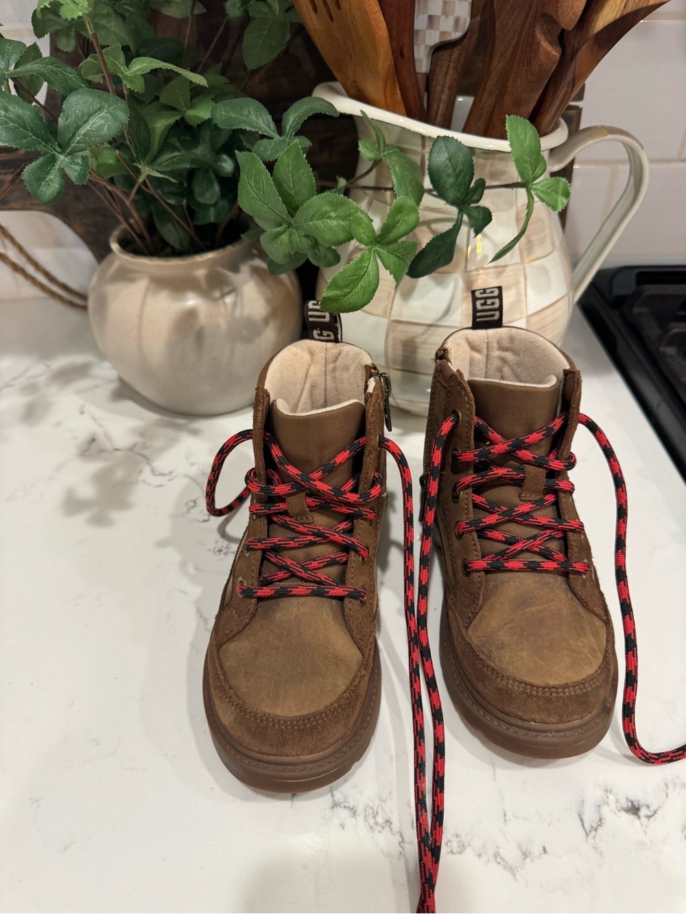 UGG Kids Brown Suede Boots with Red-Black Laces
